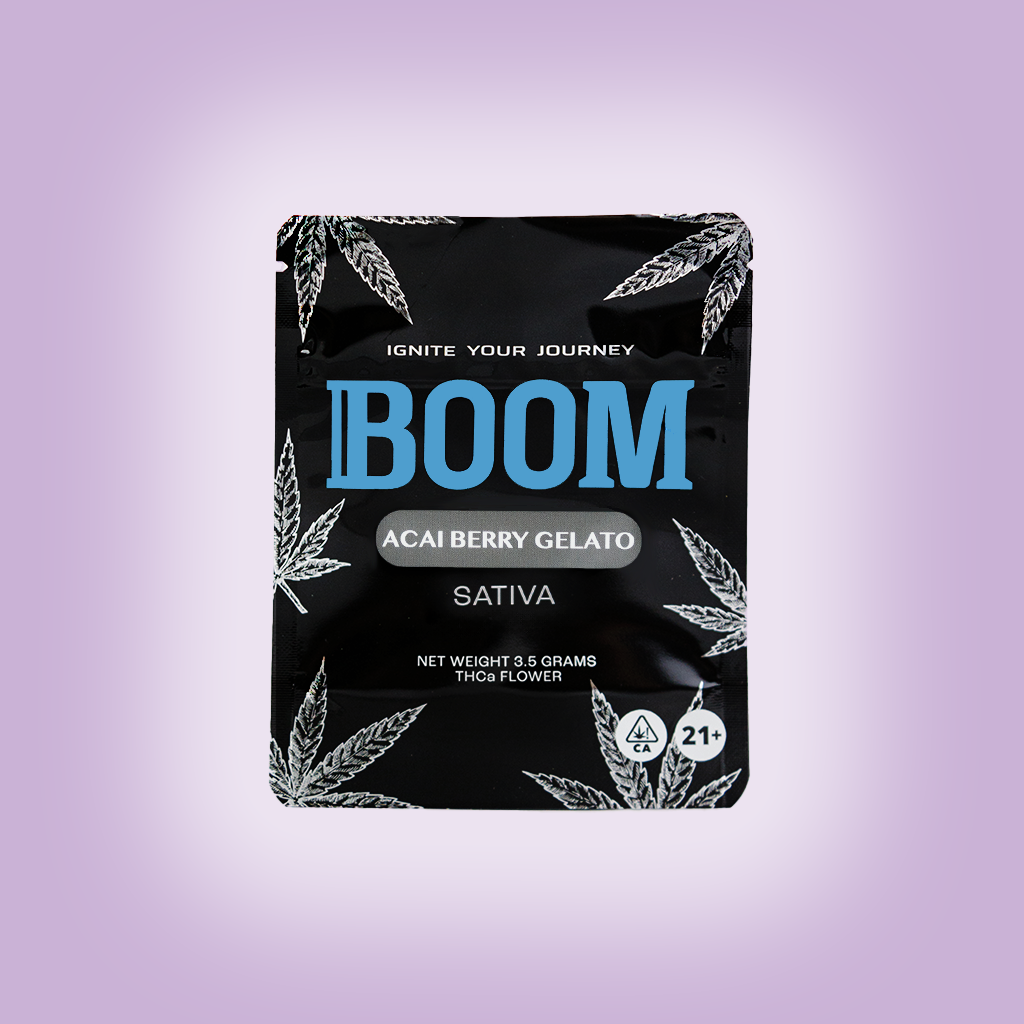 BOOM mylar packaging for Acaiberry THCa flower, airtight and light-resistant and resealable for optimal freshness and potency.