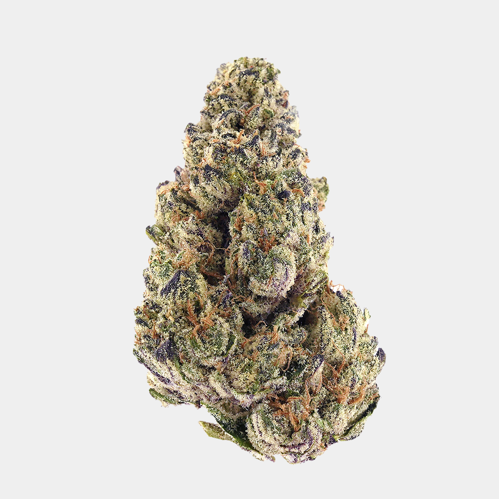 Black Ice THCa top-shelf flower from BOOM, featuring dense, frosty buds with dark green and purple hues, rich earthy aroma.