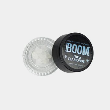 THCa Diamond Concentrate from Boom. Rocky, Crystal Appearance, Inside 1 Gram Jar Container with lid.