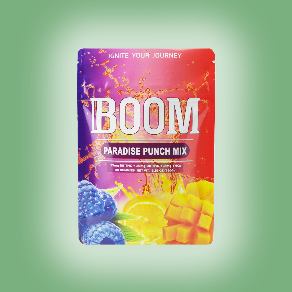 Boom THCa Mylar for Paradise Punch Gummies, airtight and resealable for optimal freshness. Available in 10,30,60,120 quantities.