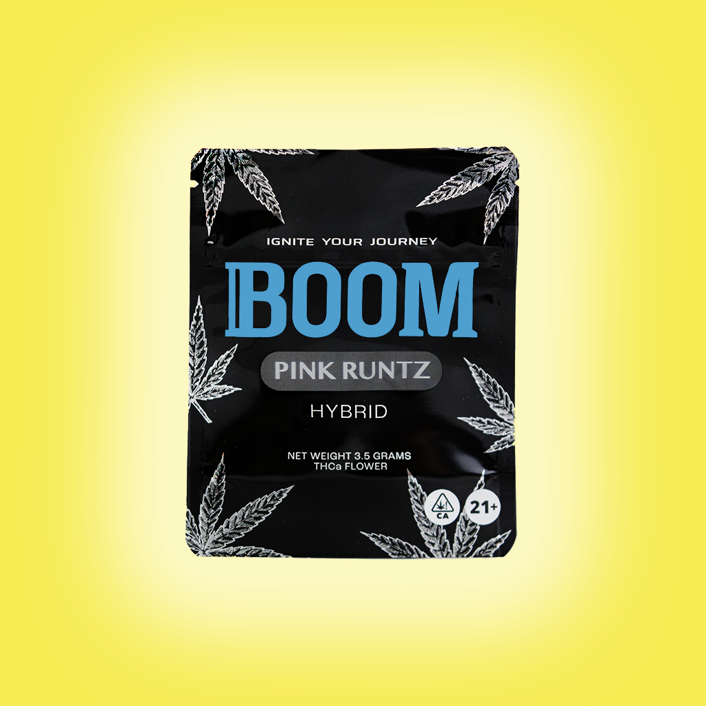 BOOM mylar packaging for Pink Runtz THCa flower, airtight , light-resistant and resealable for optimal freshness and potency