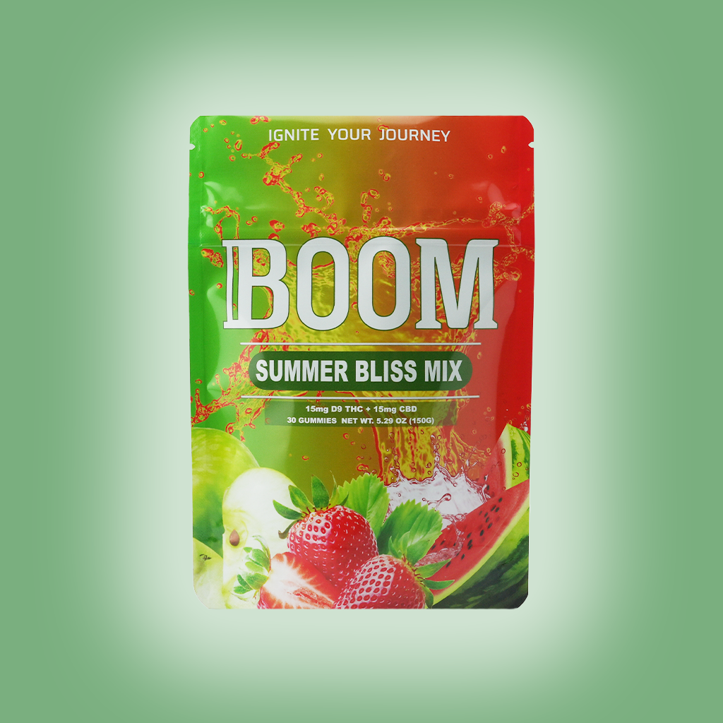 Boom THCa Mylar for Summer Bliss Gummies, airtight and resealable for optimal freshness. Available in 10,30,60,120 quantities.