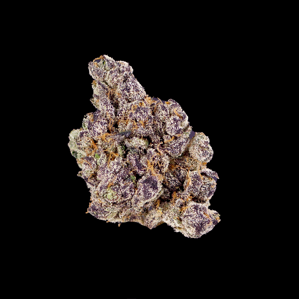 360-degree GIF of Acaiberry THCa flower with purple and green hues, displaying full bud detail from BOOM's top-shelf collection."
