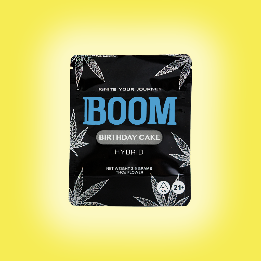BOOM mylar packaging for Birthday Cake THCa flower, airtight, light-resistant and resealable for optimal freshness and potency