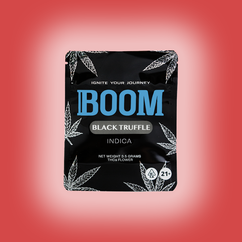 BOOM mylar packaging for Black Truffle THCa flower, airtight , light-resistant and resealable for optimal freshness and potency
