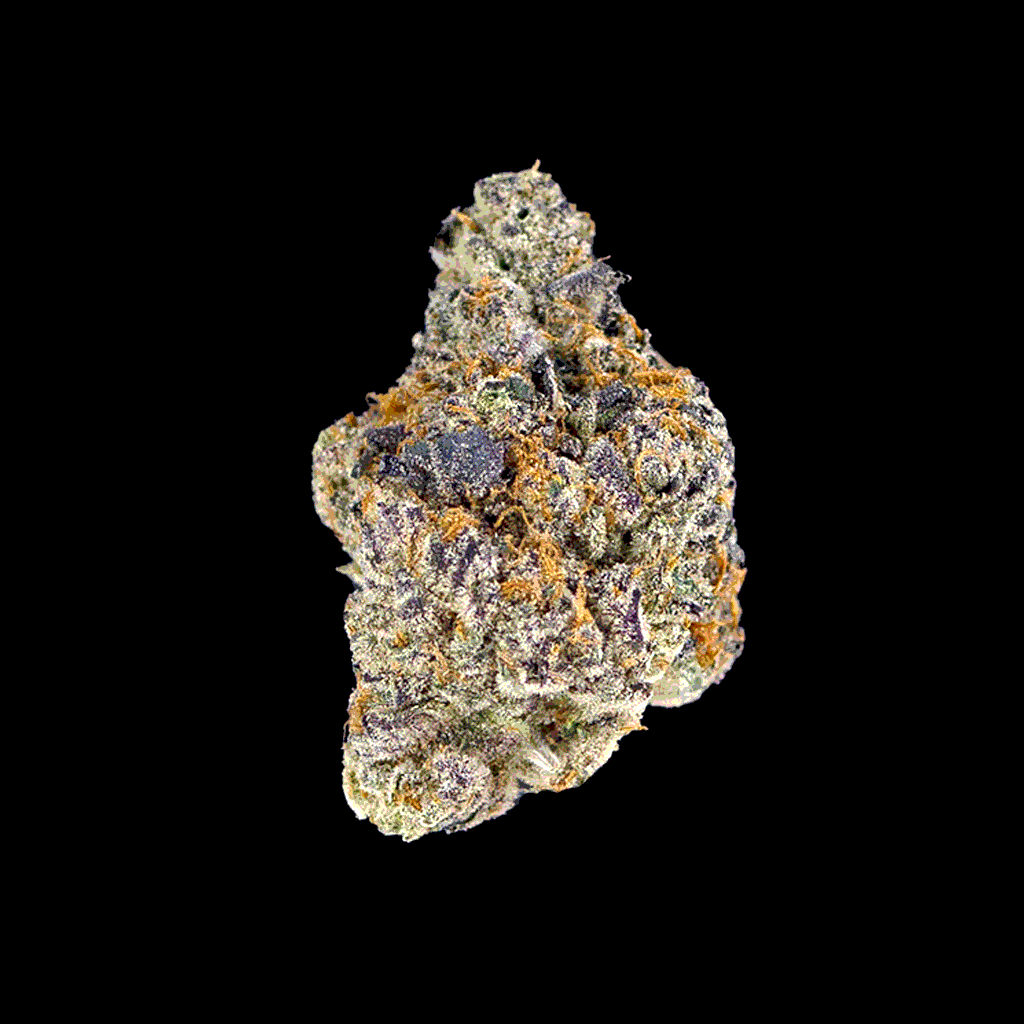 360-degree rotation of Blue Dream THCa flower by BOOM, displaying vibrant green and purple buds, coated with frosty trichomes