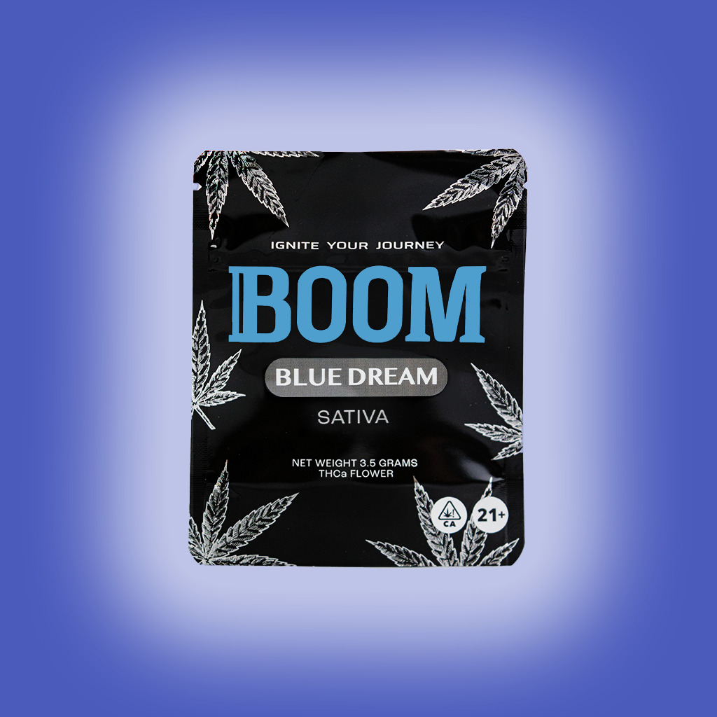 BOOM mylar packaging for Black Dream THCa flower, airtight , light-resistant and resealable for optimal freshness and potency