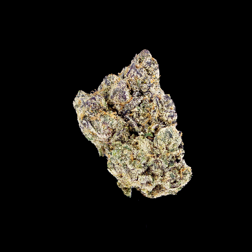 360-degree view of Chimera THCa flower, showing all angles of the top shelf strain with vibrant purple buds and citrus aroma
