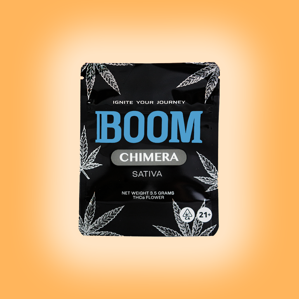 BOOM mylar packaging for Chimera THCa flower, airtight , light-resistant and resealable for optimal freshness and potency
