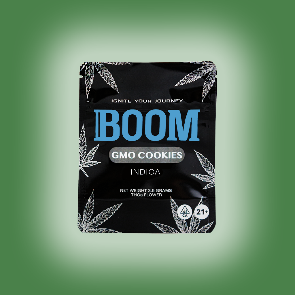BOOM mylar packaging for GMO Cookies THCa flower, airtight , light-resistant and resealable for optimal freshness and potency