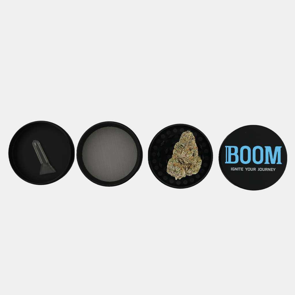 Boom.Shop branded, 4 piece THCa Flower Grinder showing, a grinding chamber, storing chamber, and
kief catcher chamber
