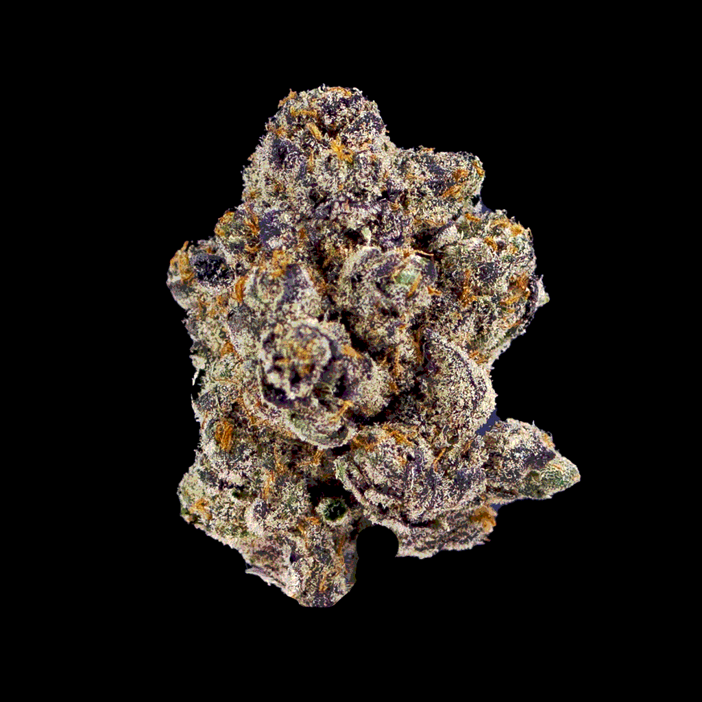 BOOM’s Groovy Grape THCa flower in 360 view, displaying vibrant purple and
green buds with dense frosty trichomes
