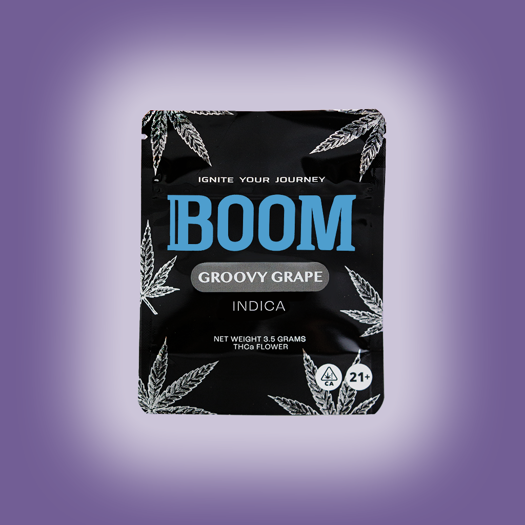 BOOM mylar packaging for Groovy Grape THCa flower, airtight , light-resistant and resealable for optimal freshness and potency