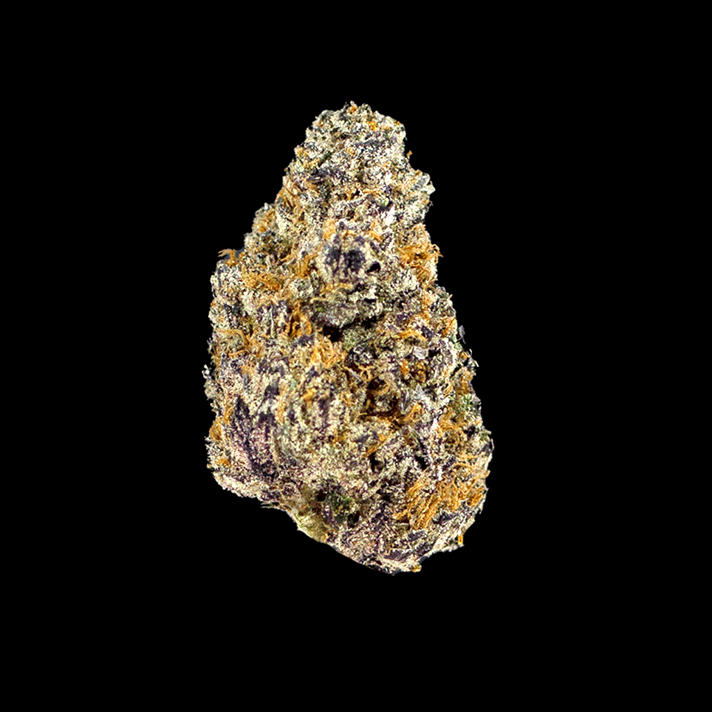 Full 360 rotation of Gush Mints THCa flower, highlighting dense, frosty trichome covered vibrant purple buds