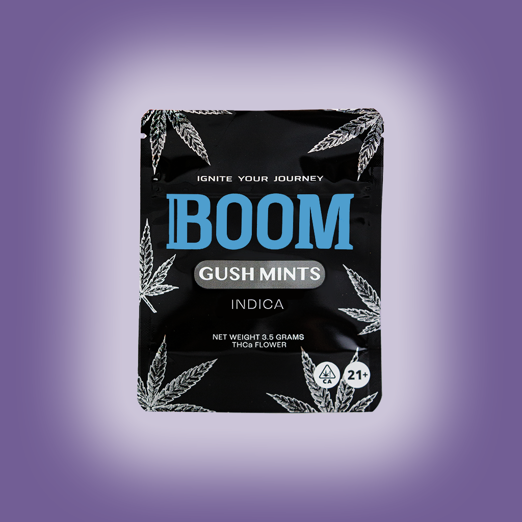 BOOM mylar packaging for Gush Mints THCa flower, airtight , light-resistant and resealable for optimal freshness and potency