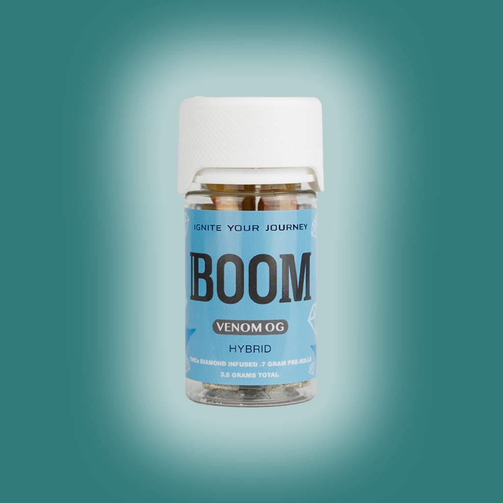 Venom OG THCa Diamond- Infused THCa Flower Pre-roll, sour and citrus aroma, available in single count or 5 count container