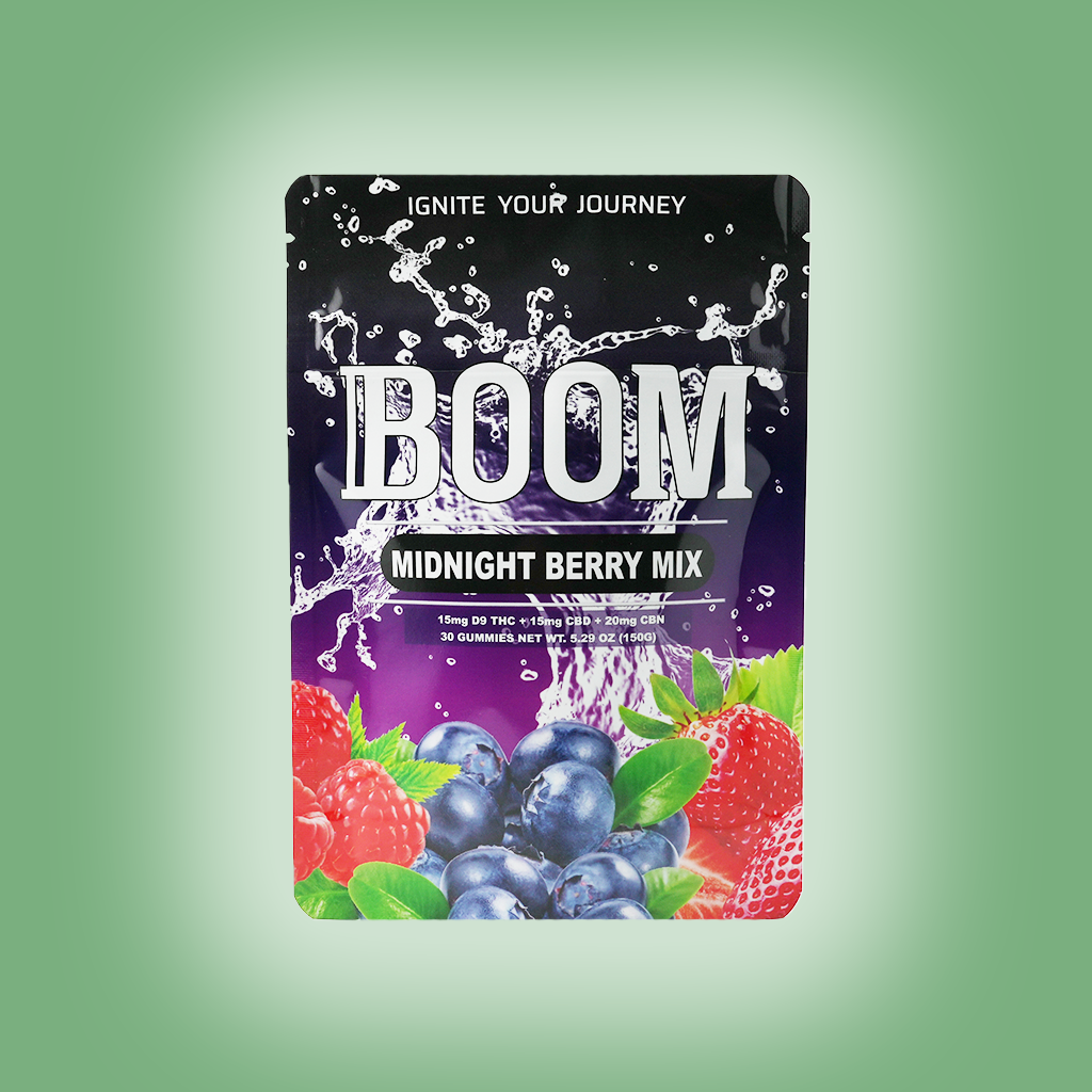 Boom THCa  Mylar for Midnight Berry Gummies, airtight and resealable for optimal freshness. Available in 10,30,60, or 120 quantities.