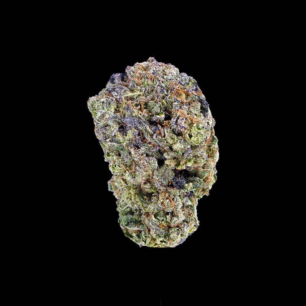 BOOM Mochi Premium THCa flower in a 360° view, displaying the strain’s vibrant
green and purple colors with frosty trichomes