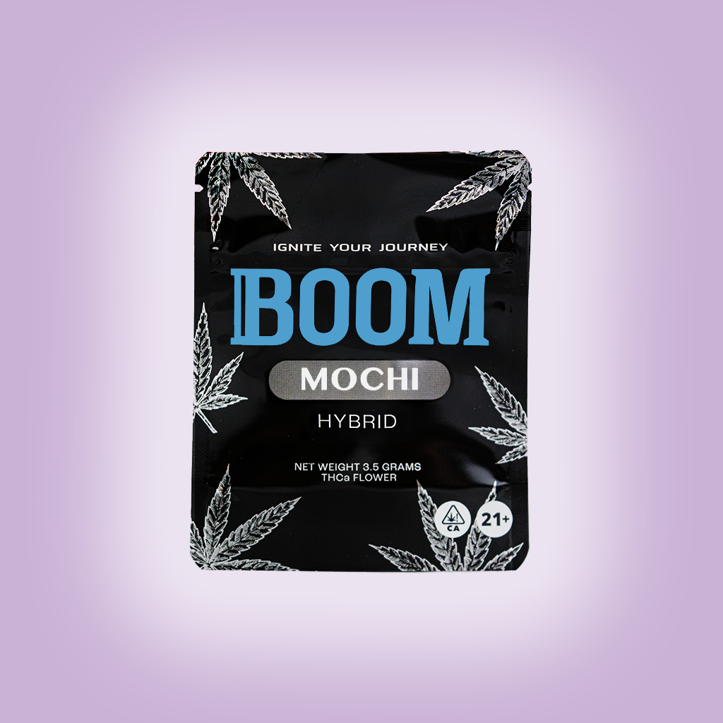 BOOM mylar packaging for Mochi THCa flower, airtight , light-resistant and resealable for optimal freshness and potency