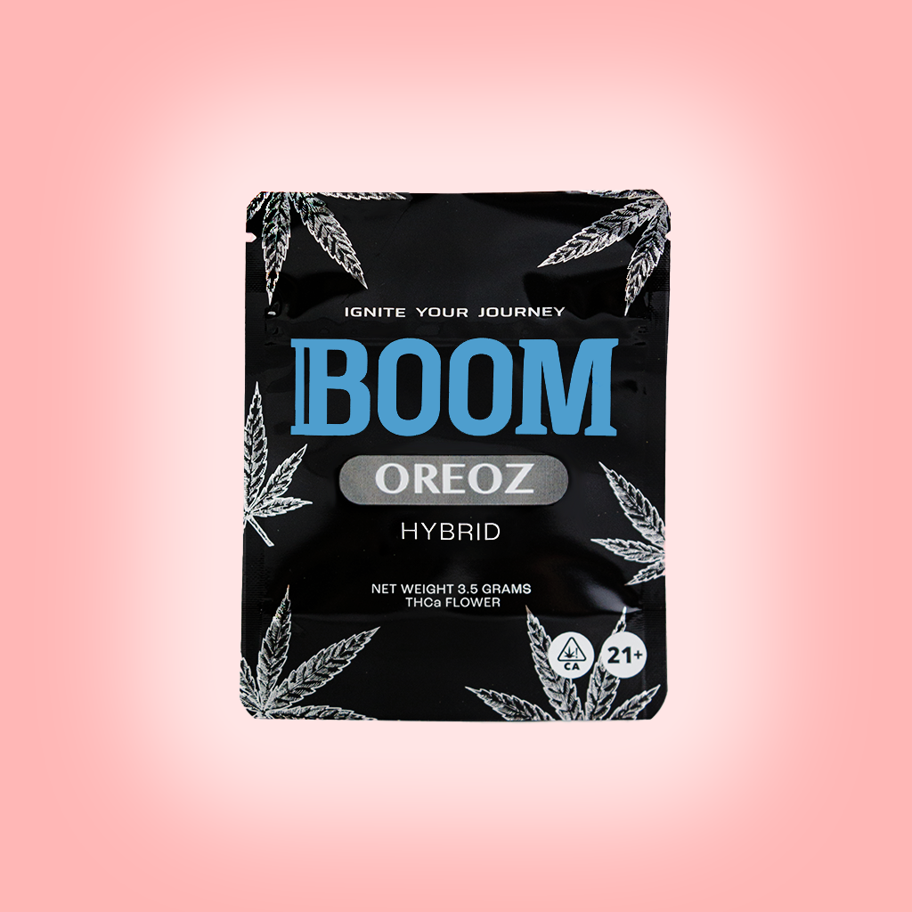 BOOM mylar packaging for Oreoz THCa flower, airtight , light-resistant and resealable for optimal freshness and potency