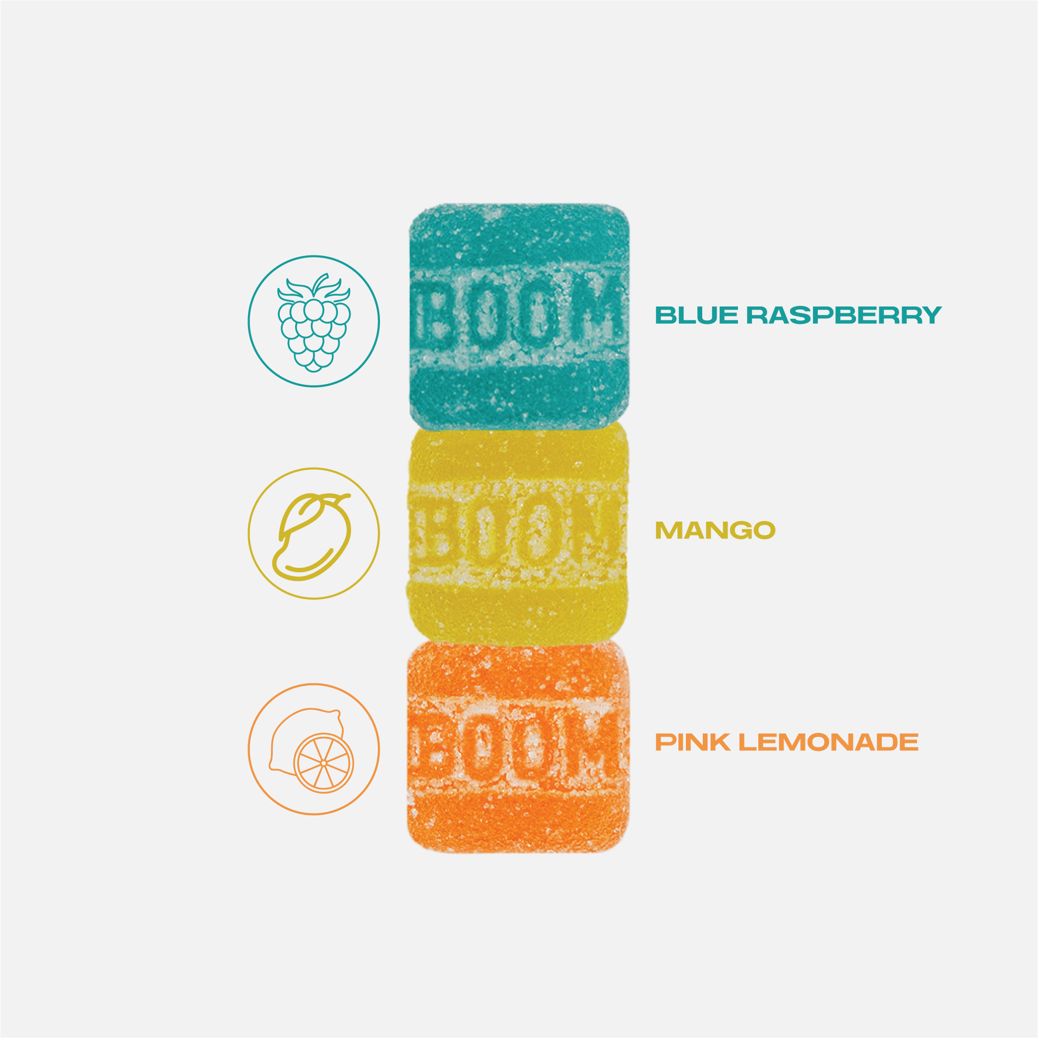 Paradise Punch Variety Mix. 15mg delta-9 THC & 20mg delta-8 THC and 0.5mg THC-P gummies. Mango, Blue Raspberry and Pink Lemonade Flavors.