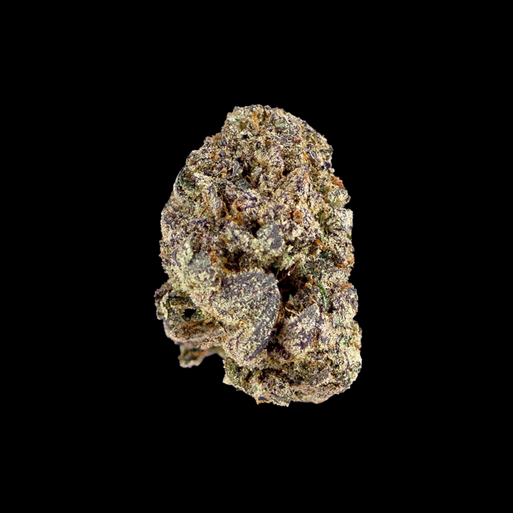 360 view of Pink Lemonade THCa flower by BOOM, showcasing frosty purple and
green dense buds