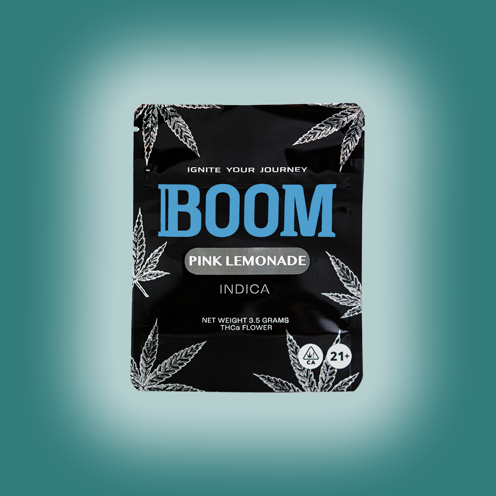 BOOM mylar packaging for Pink Lemonade THCa flower, airtight , light-resistant and resealable for optimal freshness and potency