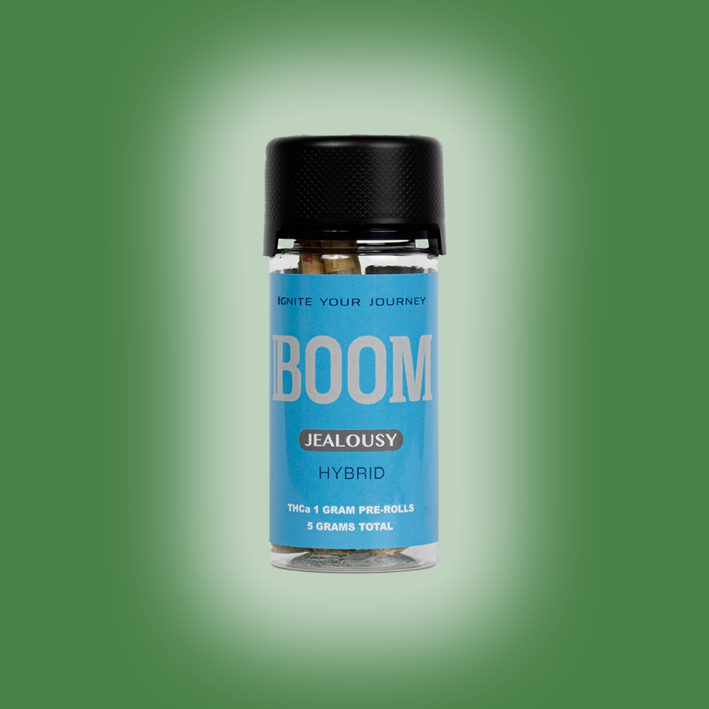 Jealousy THCa Flower Pre-Roll with fruity and creamy citrus notes. Available in single container or 5 count container.