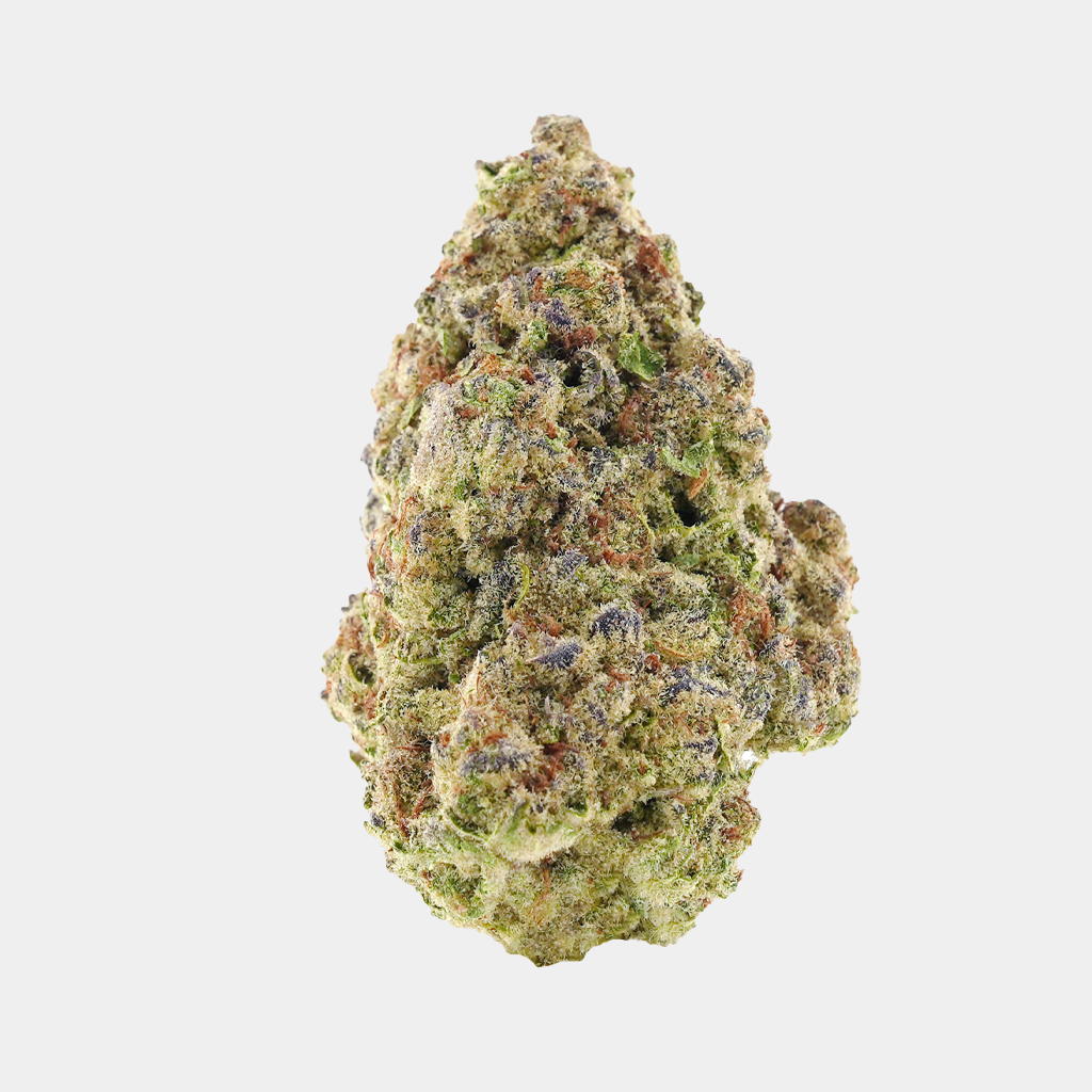 Premium Purple Voodoo THCa flower by BOOM, featuring dense frosty buds with green and tints of purple, sweet, grape aroma