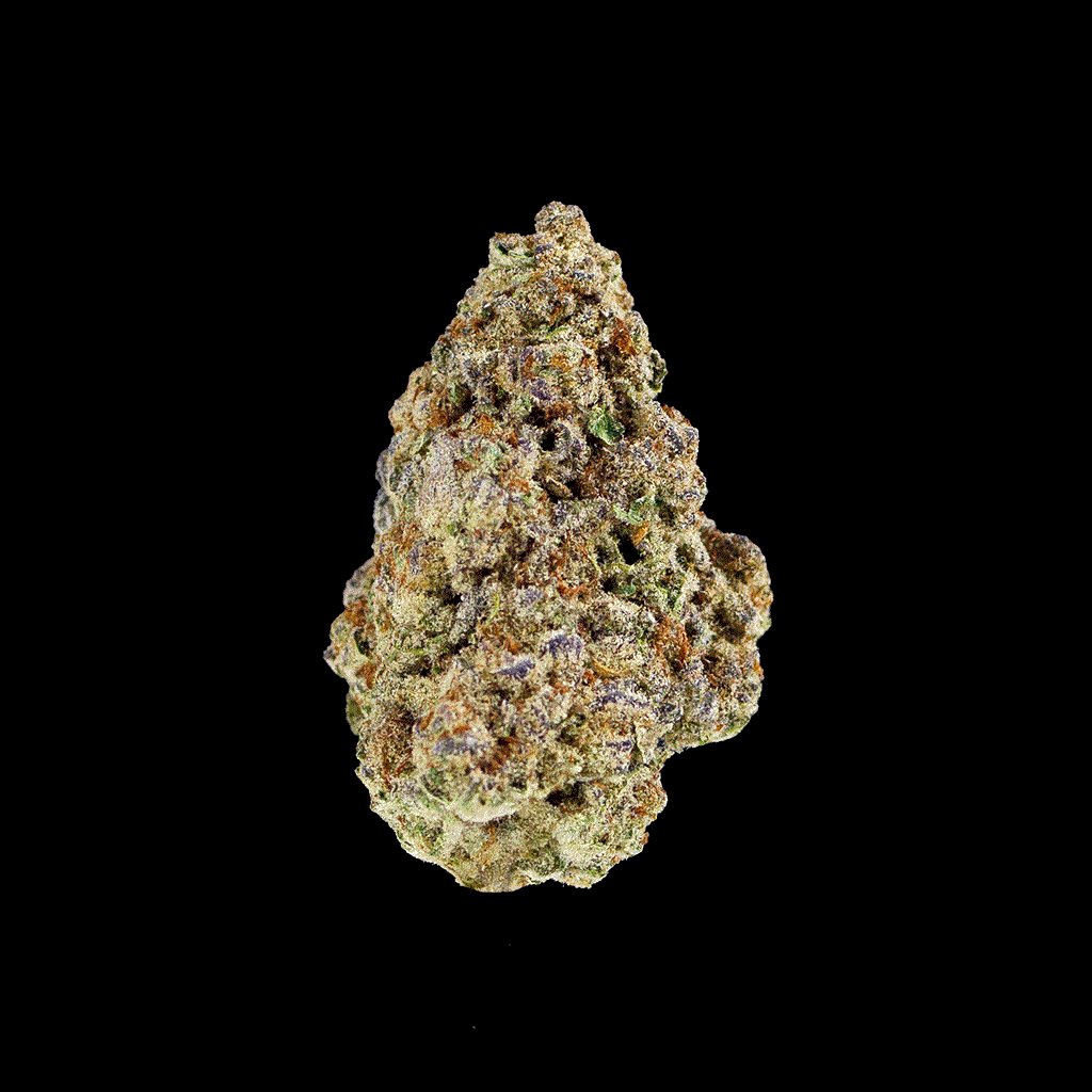360 view of premium Purple Voodoo THCa flower, highlighting dense purplish buds with frosty trichomes