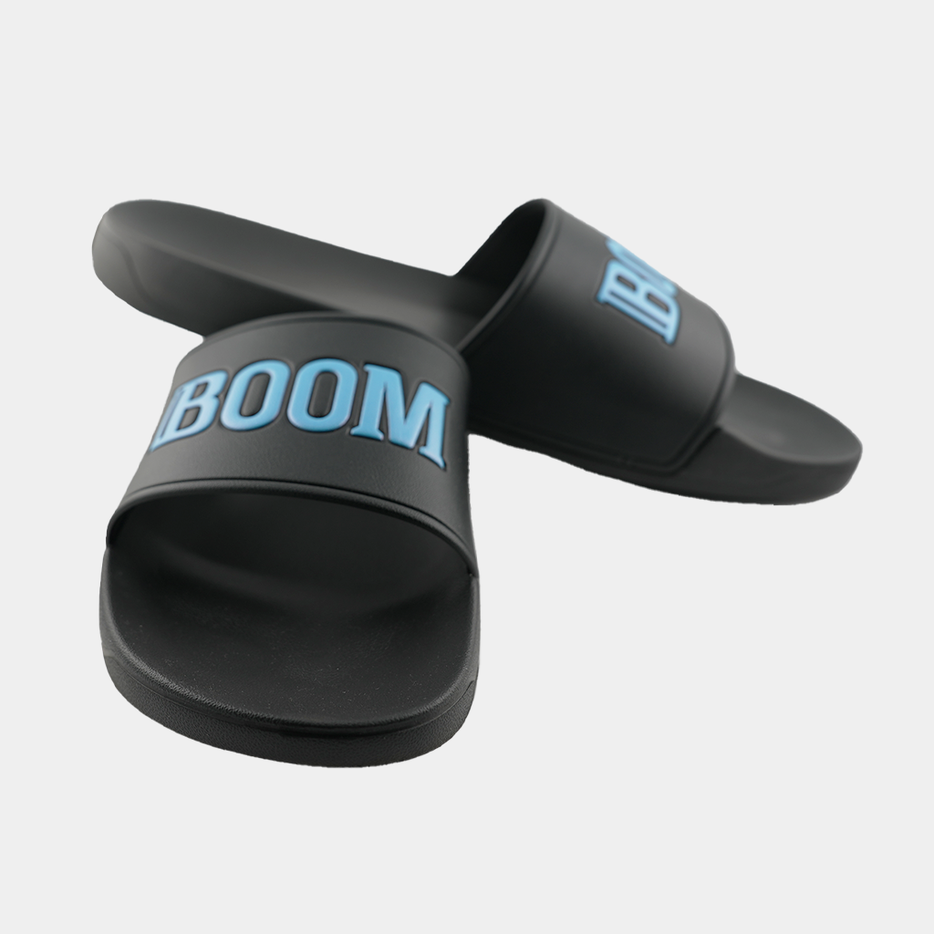 Front and side view of Slides(slippers) with Boom THCa Logo