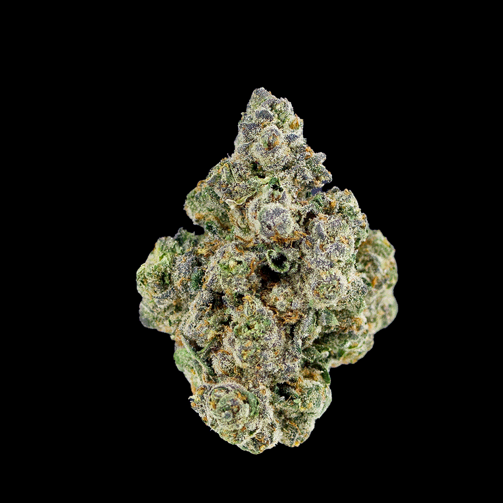  Full rotation of BOOM’s Strawberry Shortcake THCa flower, revealing frosty and dense, vibrant green and purple buds

