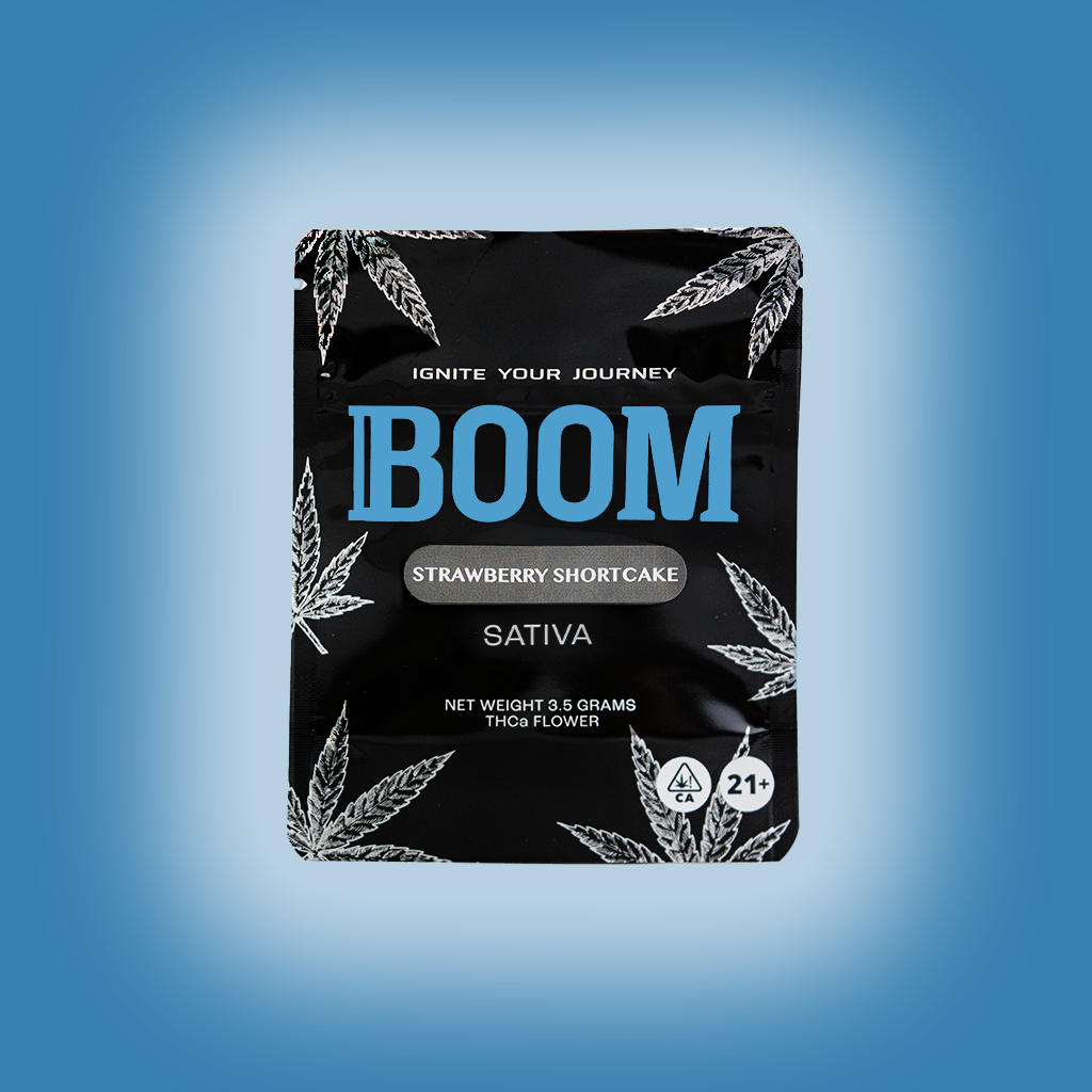 BOOM mylar packaging for Strawberry Shortcake THCa flower, airtight , light-resistant and resealable for optimal freshness and potency
