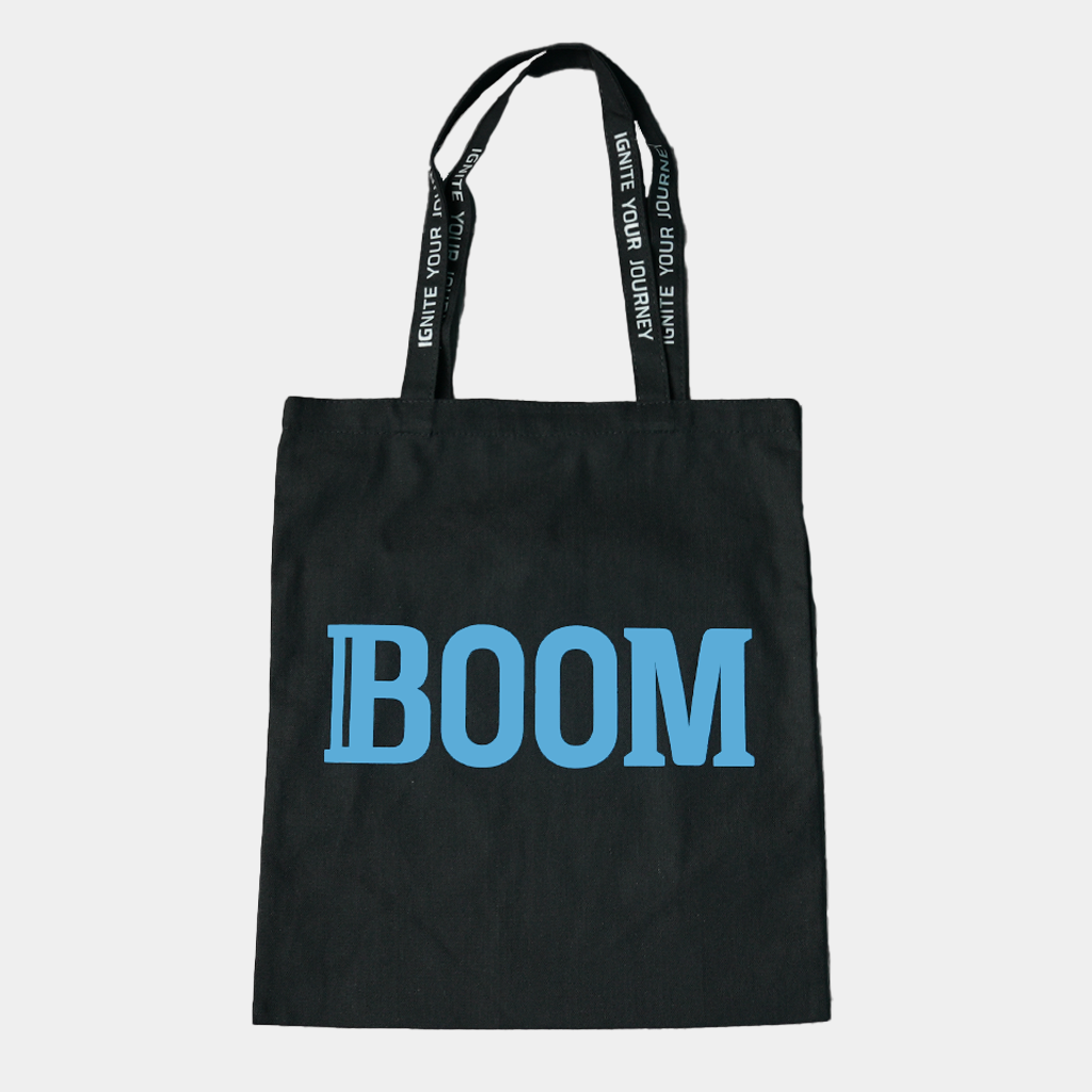 Cotton Tote Bag with Boom THCa Logo and Ignite your Journey slogan printed on strap 