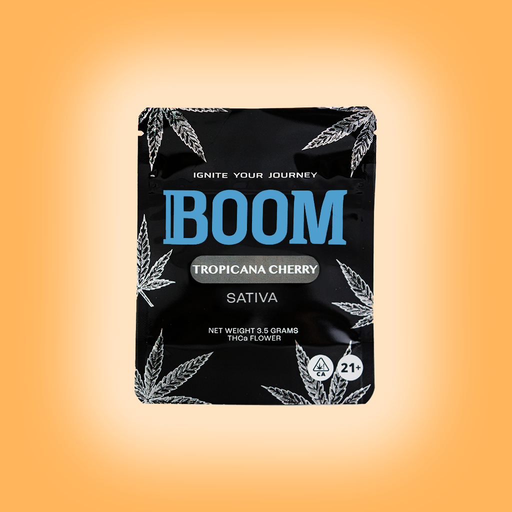 BOOM mylar packaging for Tropicana Cherry THCa flower, airtight , light-resistant and resealable for optimal freshness and potency